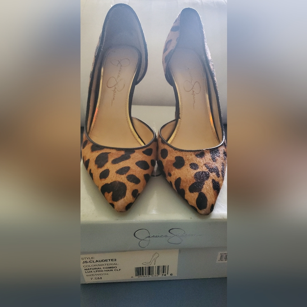 Jessica Simpson JS-Claudette Pointy Toe Leopard Haircalf D'Orsay Pumps 7.5